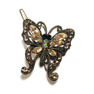 Hair Barrette Butterfly Pink Black Brown Rhinestone Bronze Tone Metal